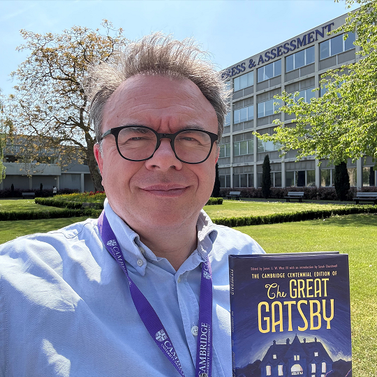 Ewan, holding his book recommendation,The Great Gatsby