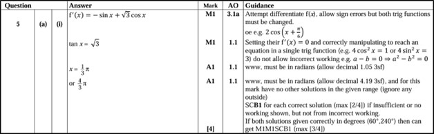 Mark scheme for question 5 part (a)(i) from Maths A H240 paper 2 from 2023 showing the method and accuracy marks available regardless of approach taken.