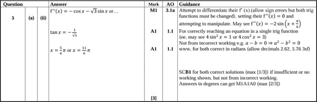 Mark scheme for question 5 part (a)(ii) from Maths A H240 paper 2 from 2023 showing the availability of follow through method mark available regardless of approach taken.