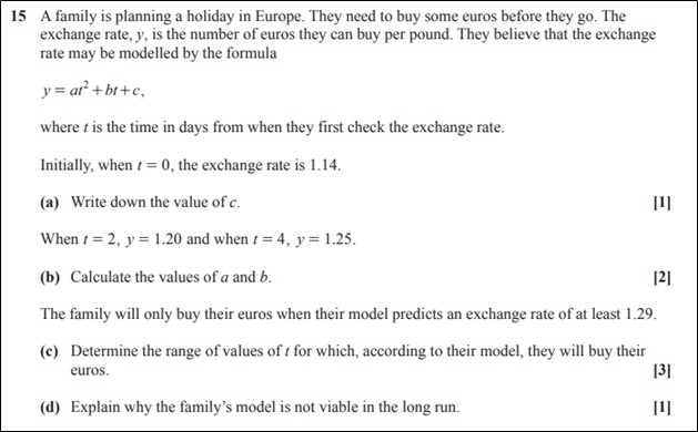 Image of question 15 of H630/02 from 2023. The question includes five sub-parts. The whole question is based around a context of a family planning a holiday.