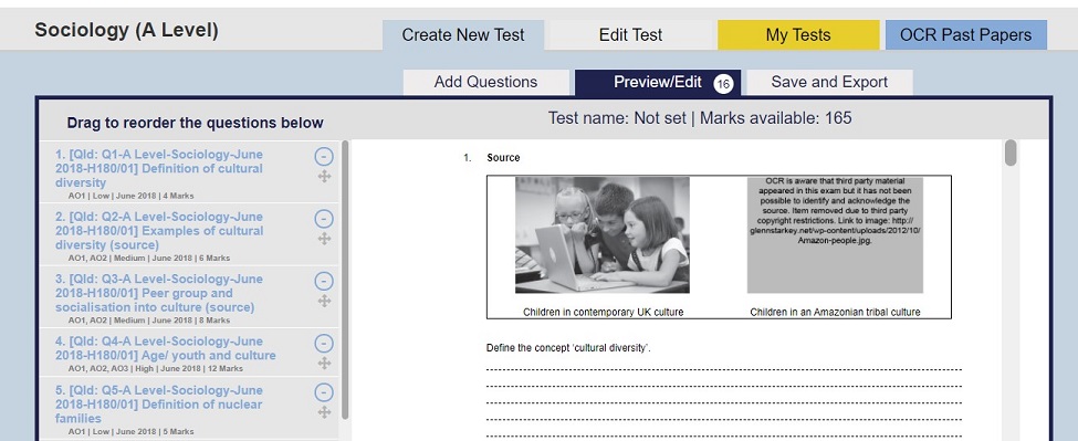 ExamBuilder-Sociology-5 ExamBuilder screenshot showing edit tests
